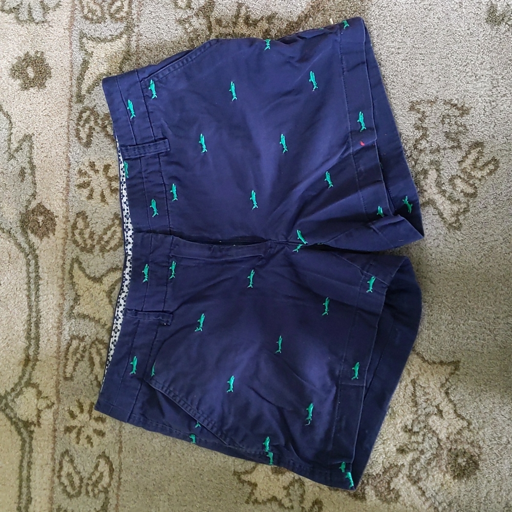 British khaki navy blue shorts with green sharks